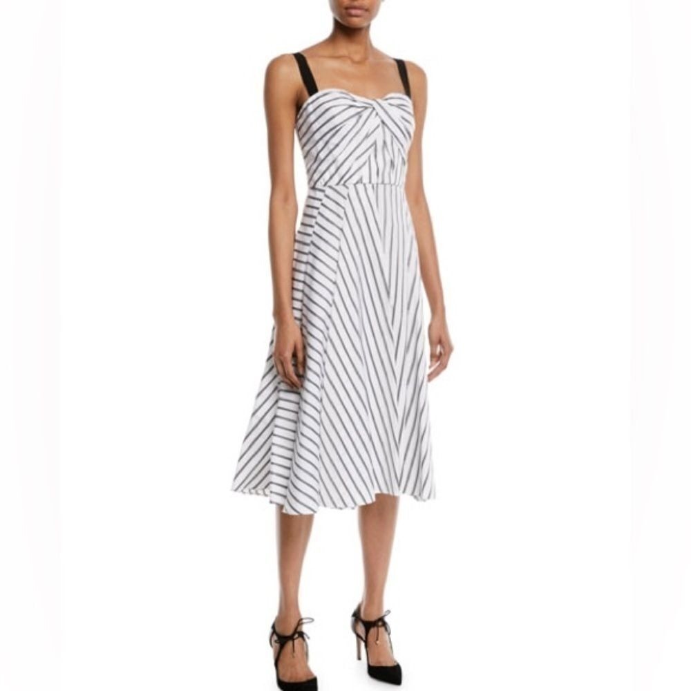Jason Wu Striped Twisted Bodice Midi Dress White Black Size 4 - Picture 15 of 16